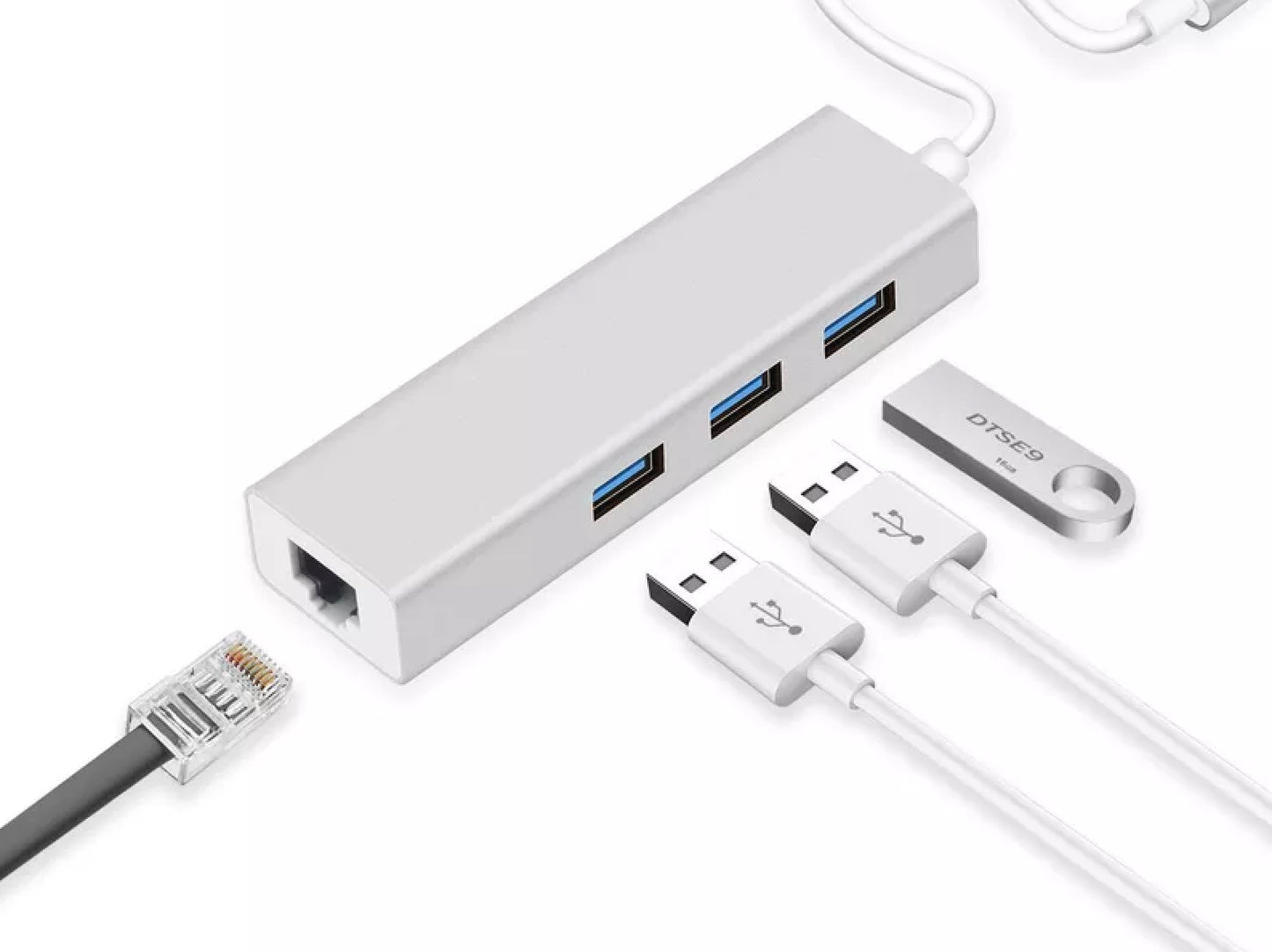 USB-A (3.0) naar USB-A (3.0) en Netwerk (2-in-1) | 2-in-1 3xUSB-A en Ethernet RJ45 1Gbps Aluminium Wit