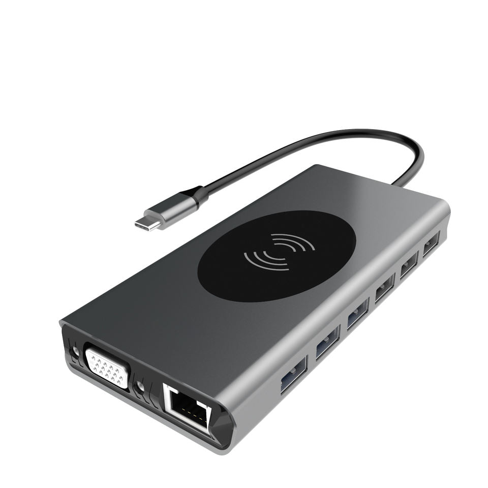 USB-C Multiport Dockingstation All-in-1: (Draadloos laden/Qi, 3xUSB-A 3.0, 4xUSB-A 2.0, 1xUSB-C PD, SD Card, mini SD Card/TF, 1xHDMI, Network RJ45, VGA, audio 3.5mm mini-jack)