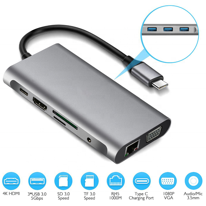 USB-C Multiport Hub 10-in-1: (USB-A 3.0, USB-C, SD Card, mini SD Card, HDMI, audio 3.5mm mini-jack, Netwerk RJ45)