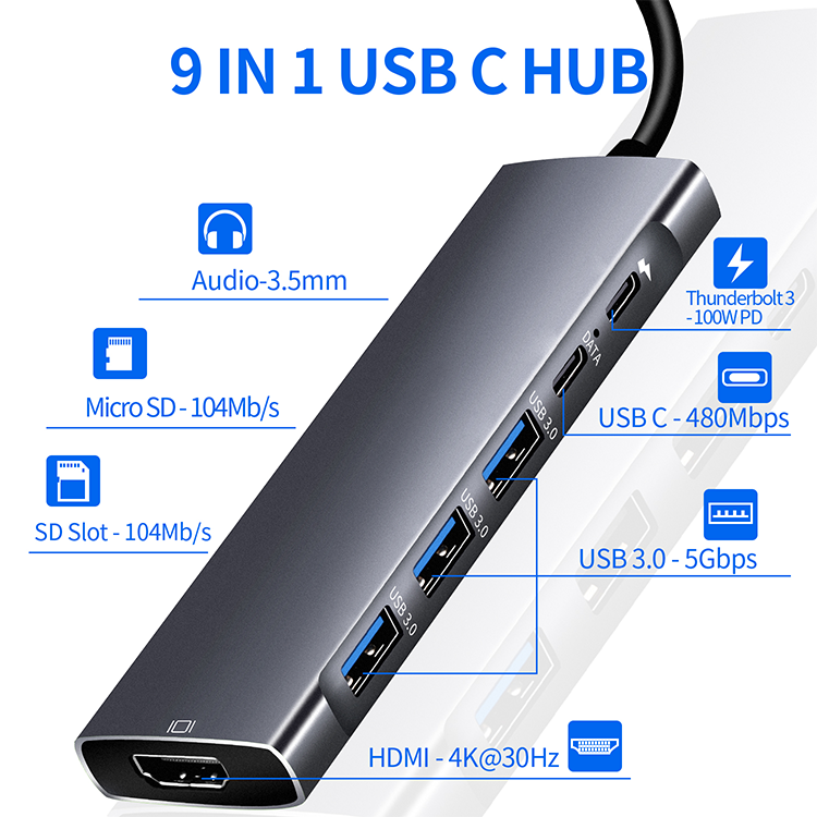 USB-C Multiport Hub 9-in-1: (USB-A 3.0, USB-C, SD Card, mini SD Card, HDMI, audio 3.5mm mini-jack)
