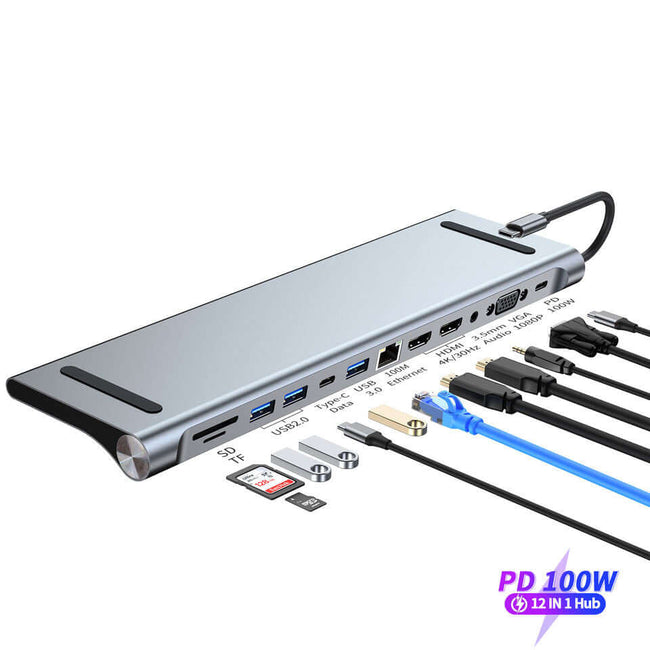 USB-C Multiport Dual HDMI Dockingstation All-in-1: (1xUSB-A 3.0, 2xUSB-A 2.0, 1xUSB-C 3.1 (Data), 1xUSB-C PD 100W, SD Card, mini SD Card/TF, 2xHDMI, Network RJ45, VGA, audio 3.5mm mini-jack)