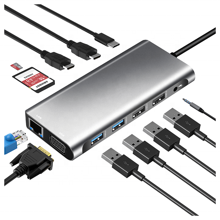 USB-C Multiport Dockingstation 12-in-1: (2xUSB-A 3.0, 2xUSB-A 3.0, USB-C PD+Data, SD Card, mini SD Card, 2xHDMI, audio 3.5mm mini-jack, Netwerk RJ45)