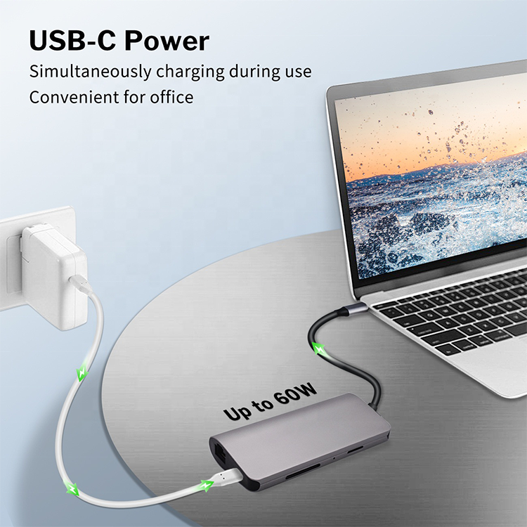 USB-C Multiport Dockingstation 8-in-1: (3xUSB-A 3.0, 1xUSB-C PowerDelivery, SD Card, mini SD Card, 1xHDMI, Network RJ45)