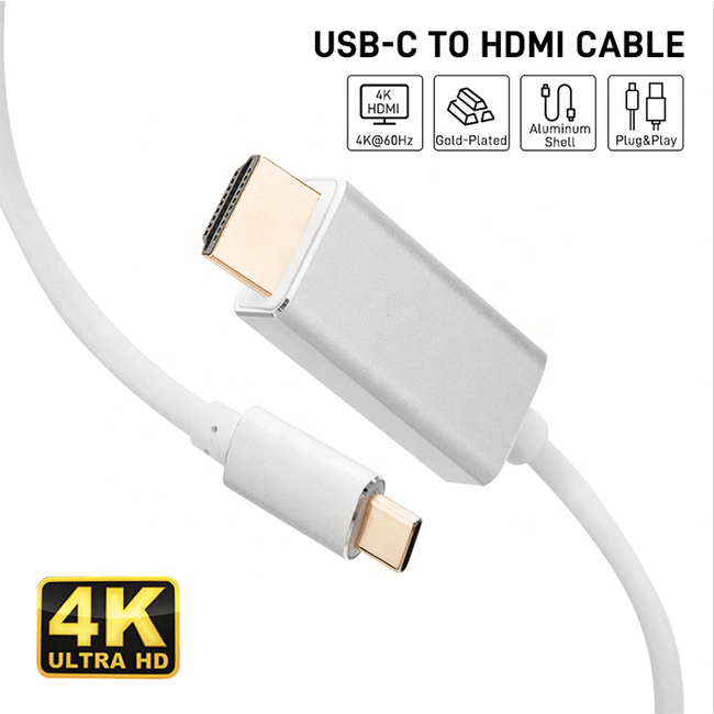 USB-C naar HDMI Kabel 4k@60hz, 1.8m, Gold plated, Aluminium Shell