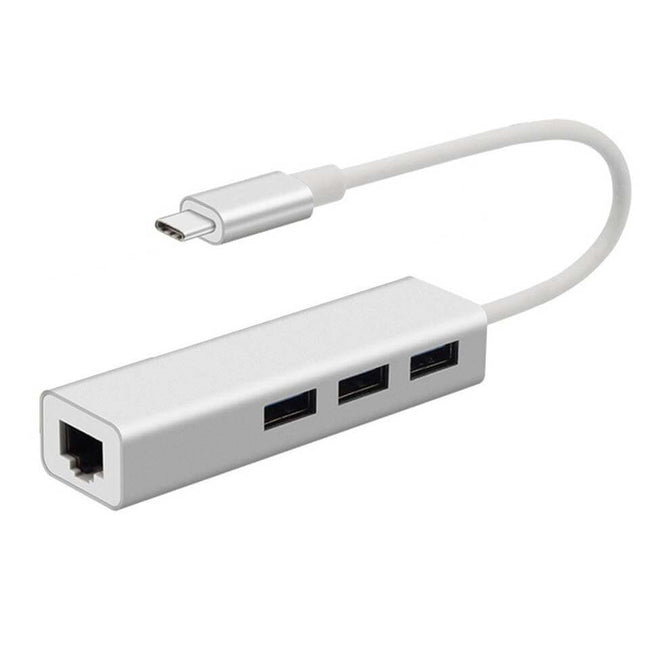 USB-C (3.1) naar USB-A (3.0) en Netwerk (2-in-1) | 2-in-1 3xUSB-A en Ethernet RJ45 1Gbps Aluminium Wit