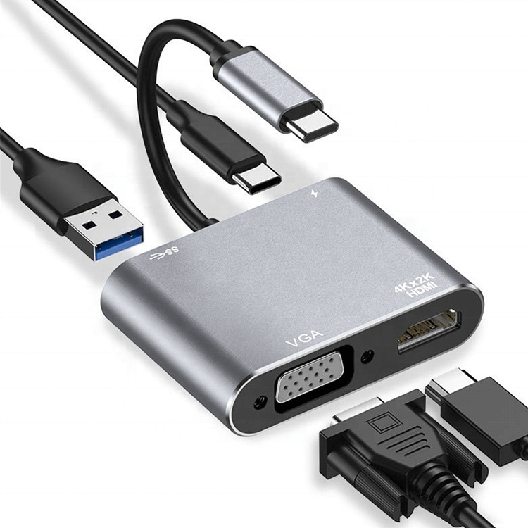 USB-C Multiport Hub 4-in-1: USB-C (60W laden), HDMI, VGA, USB-A 3.0