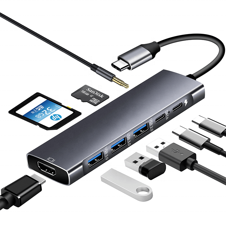 USB-C Multiport Hub 9-in-1: (USB-A 3.0, USB-C, SD Card, mini SD Card, HDMI, audio 3.5mm mini-jack)