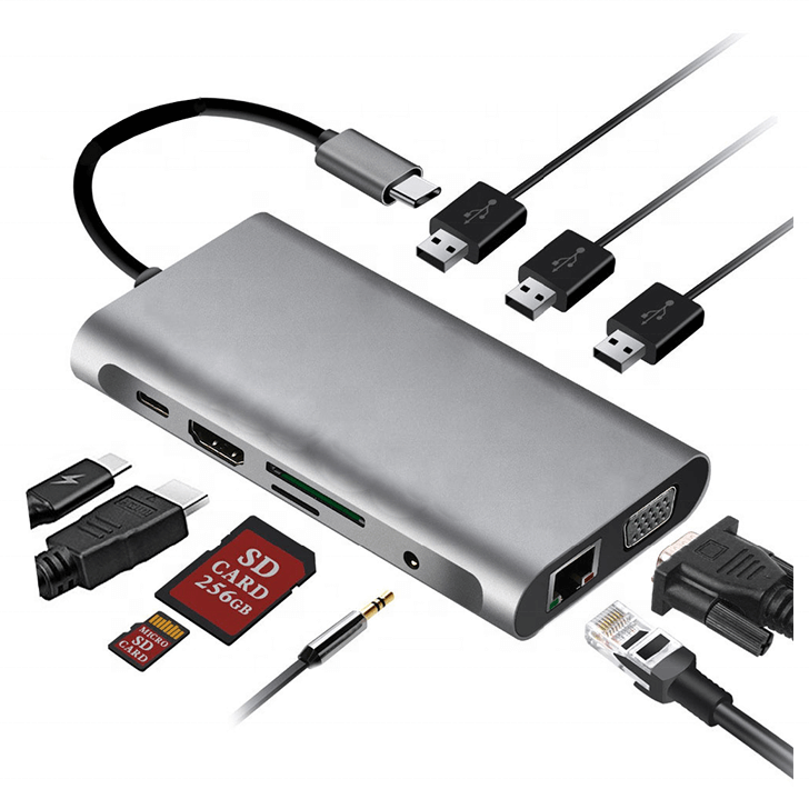 USB-C Multiport Hub 10-in-1: (USB-A 3.0, USB-C, SD Card, mini SD Card, HDMI, audio 3.5mm mini-jack, Netwerk RJ45)